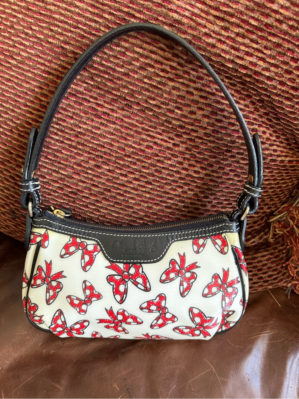 Dooney & Bourke Red and White Bow-Print Shoulder Bag with Black Trim